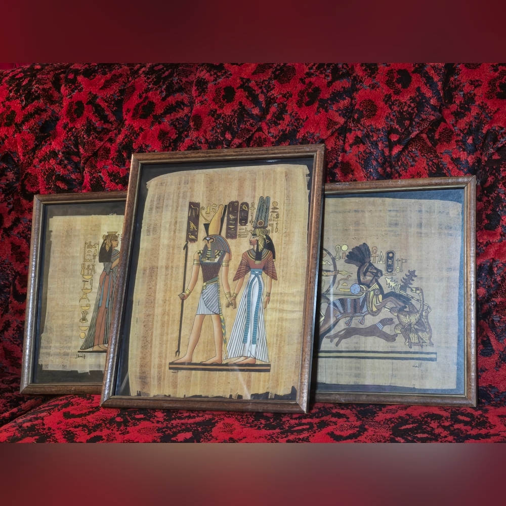 Vintage Egyptian Painting on Papyrus Paper Framed Set 3